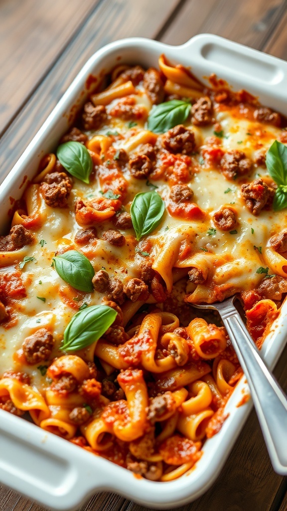 A hearty pasta casserole with meat sauce and cheese, garnished with basil, on a wooden table.